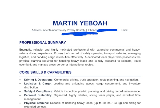 create a professional CV resume and job application letter